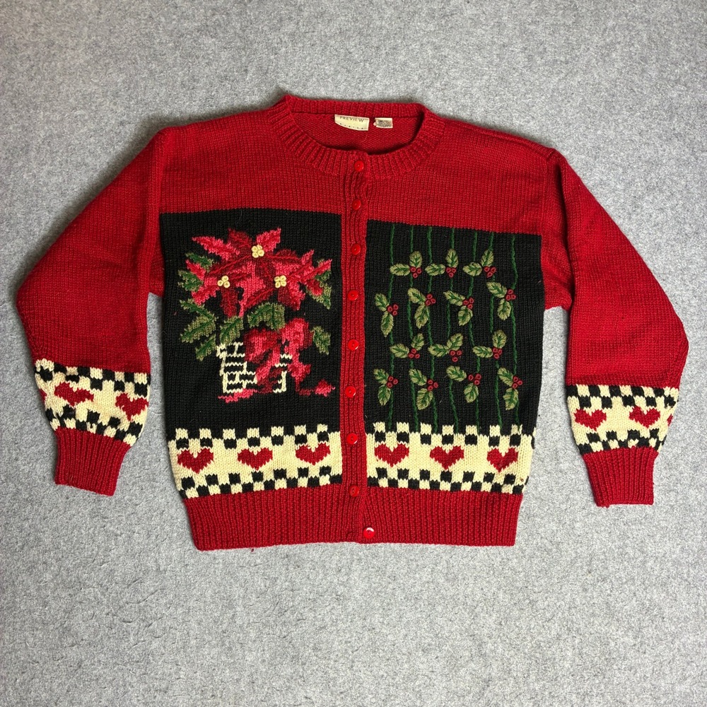 Preview Basics Cardigan Women M Red Excellent Wool Poinsettia Christmas Vintage